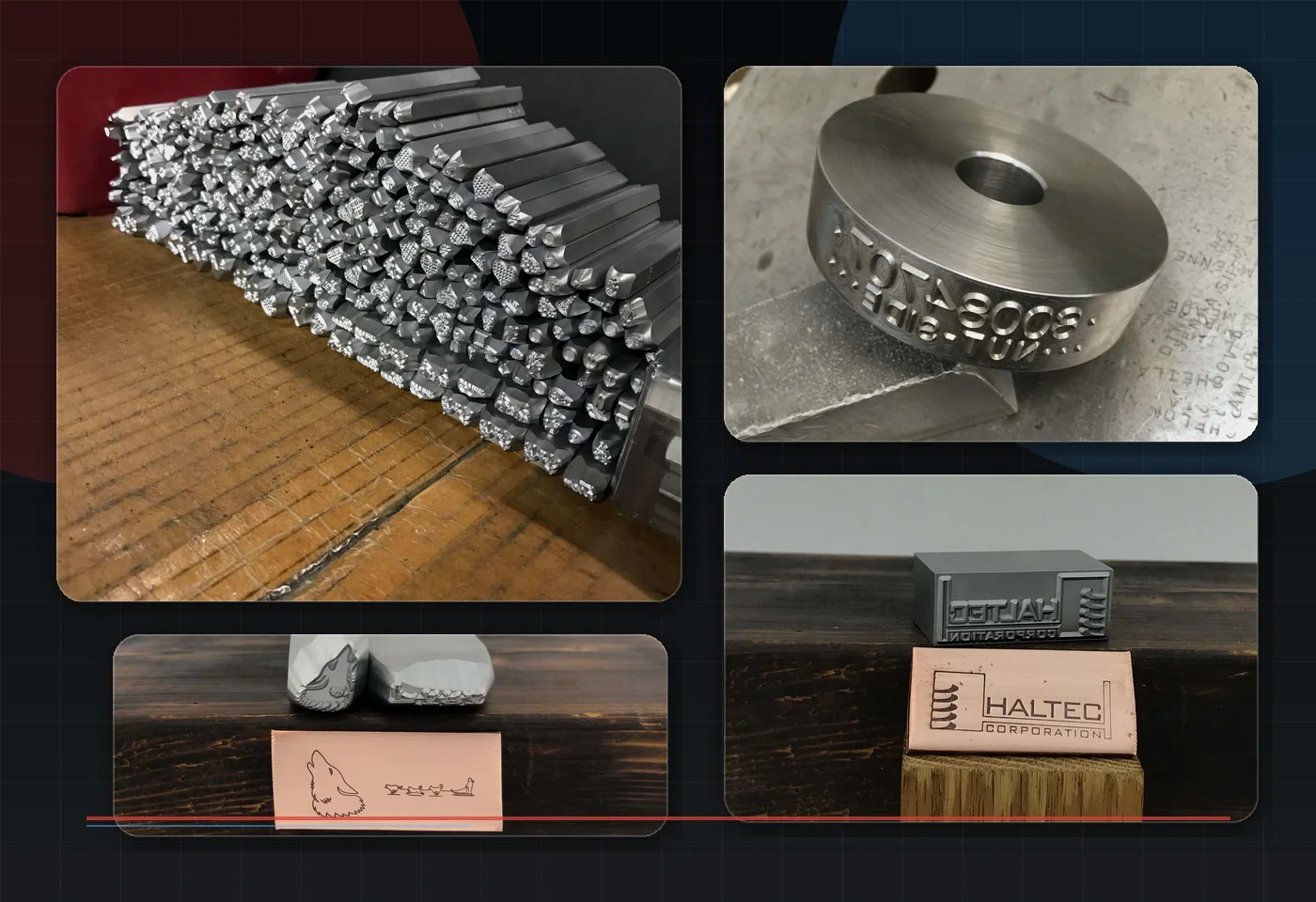 Collage of Superior Steel Stamp steel hand stamps, custom marking dies, roll dies, and engraved industrial metal marking tools.